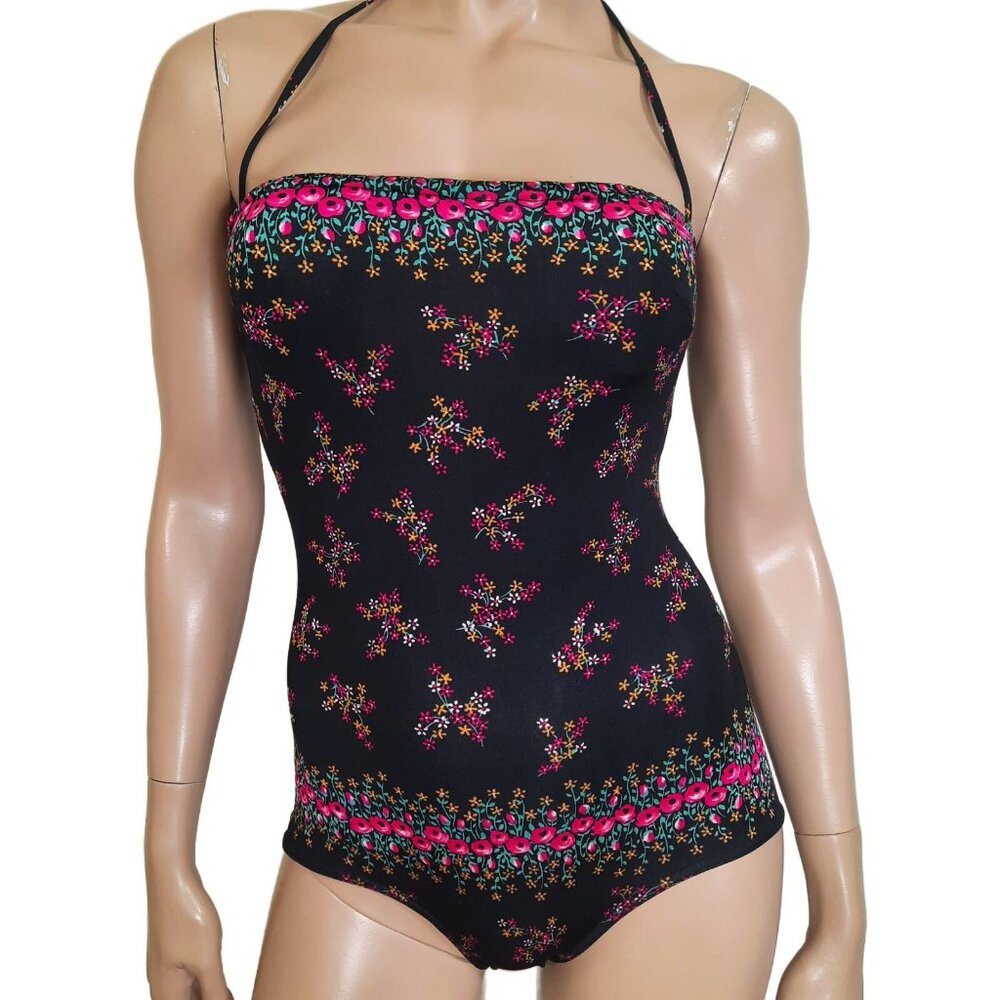 Vintage 70s Slix Swimsuit Black Pink Floral Halter Bathing Suit One Piece XS